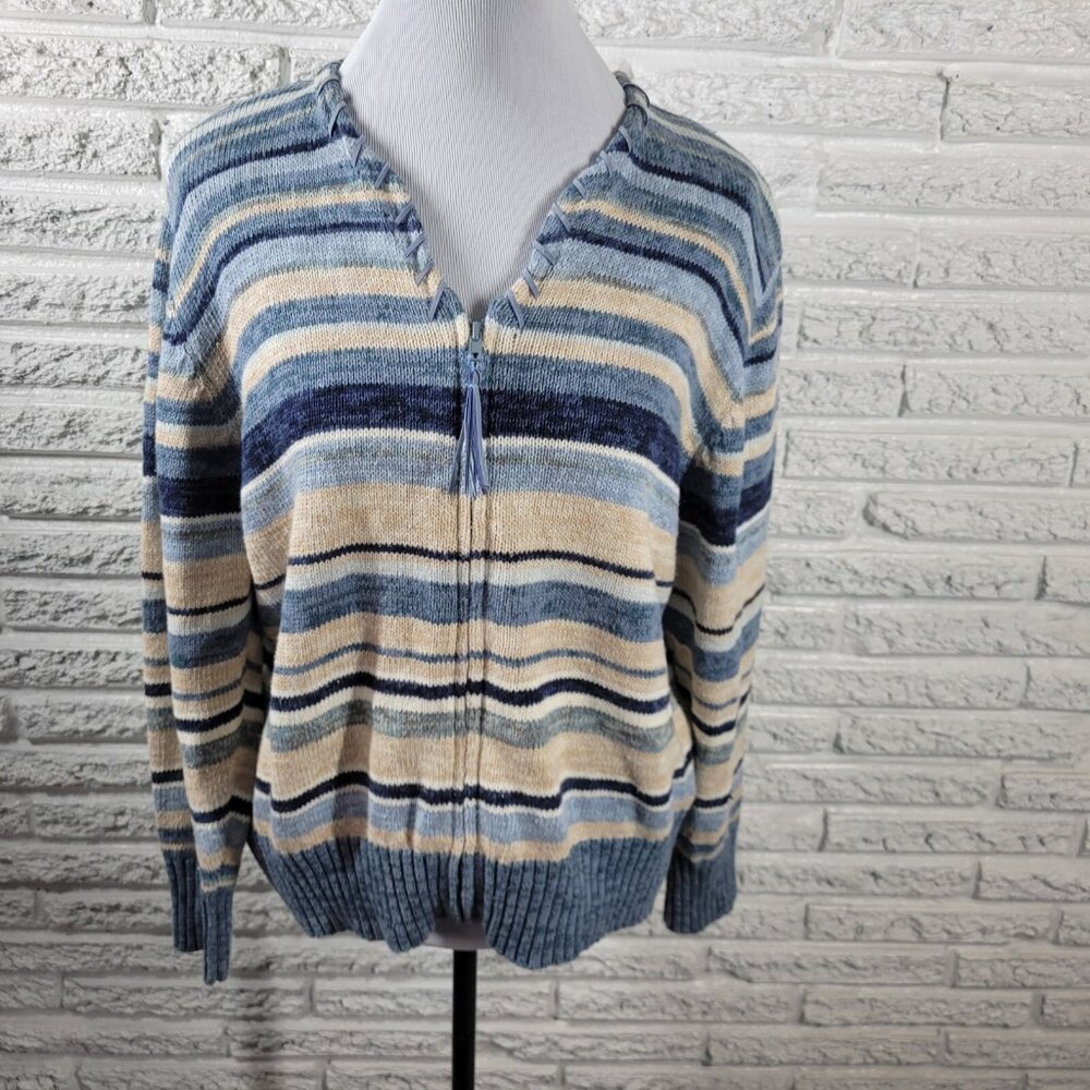 Tiara International Sweater XL Womens Blue Striped Cardigan Full Zip SWE21E